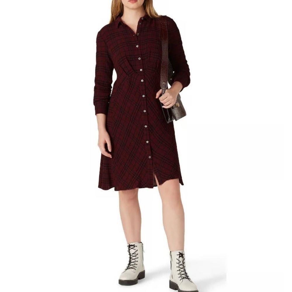 Thakoon Collective Crinkle Plaid Collared Shirt Dress Size 12 Dark Maroon